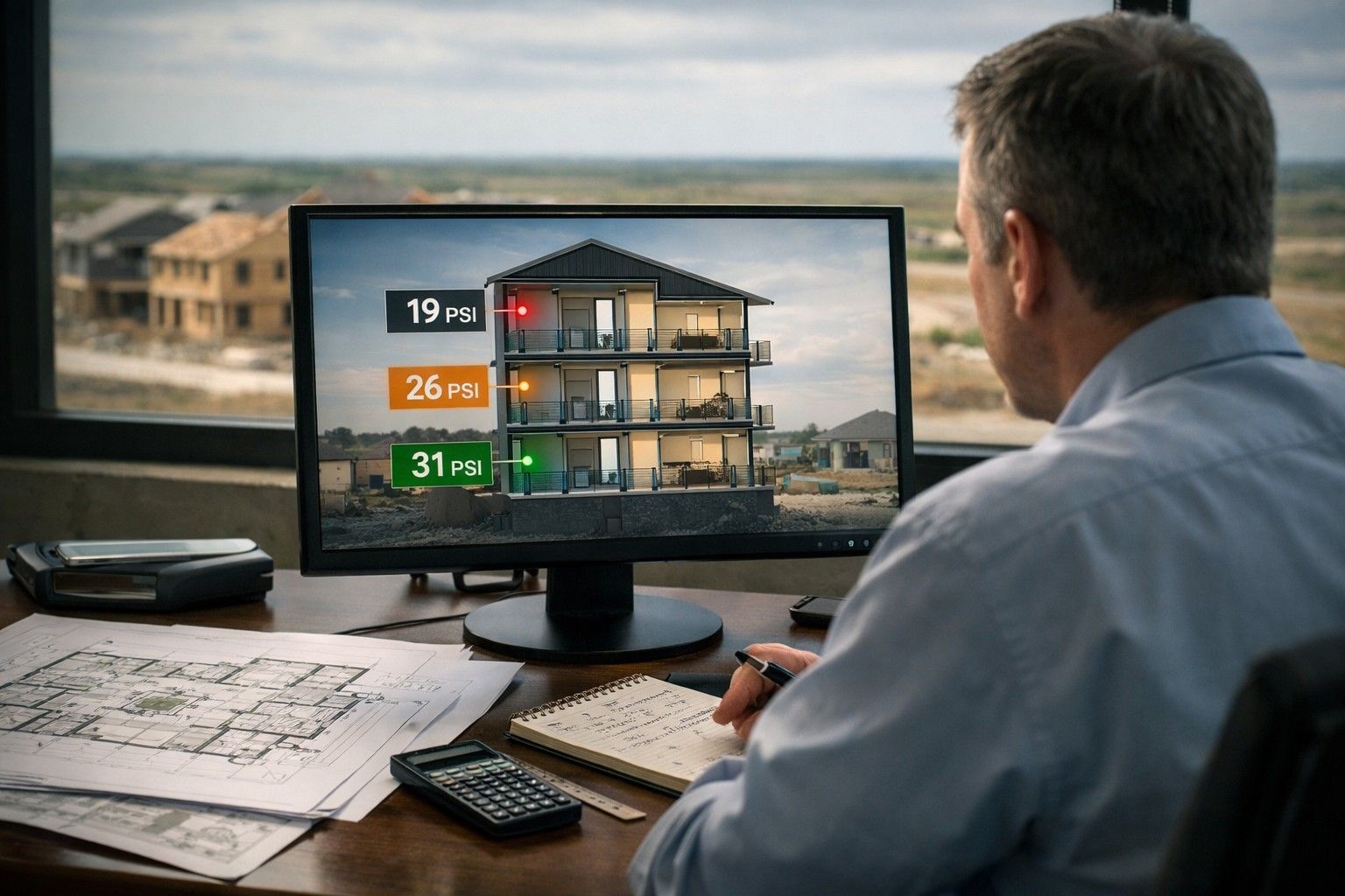 Hydraulic modeling diagram showing water pressure loss in a three-story Texas affordable housing development falling below the 20 PSI state minimum