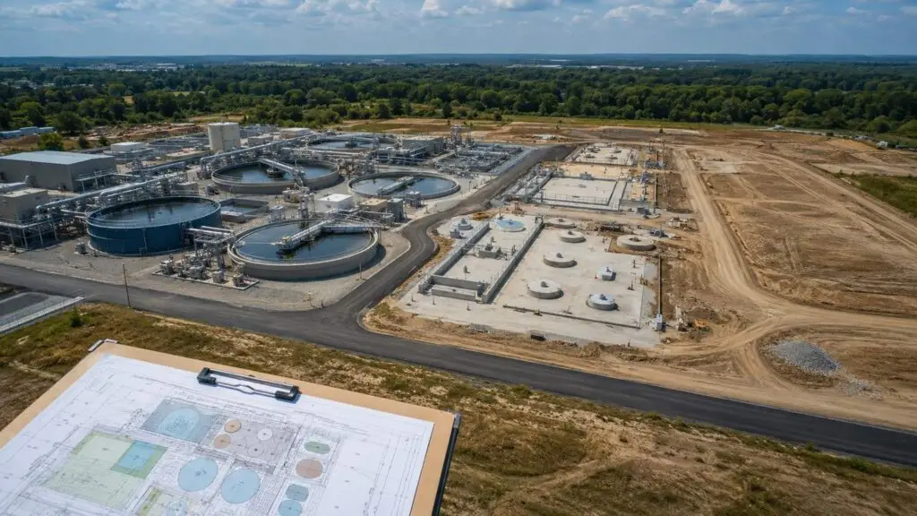 Wastewater treatment plant phased design diagram showing three construction phases aligned to actual development flow demand versus oversized single-phase buildout comparison