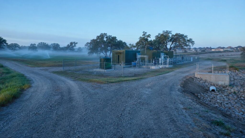 Operational package wastewater treatment facility in Texas with treated effluent flowing to irrigation reuse on one side and a capped discharge outfall pipe on the other side representing the 210E backup discharge permit dual pathway strategy
