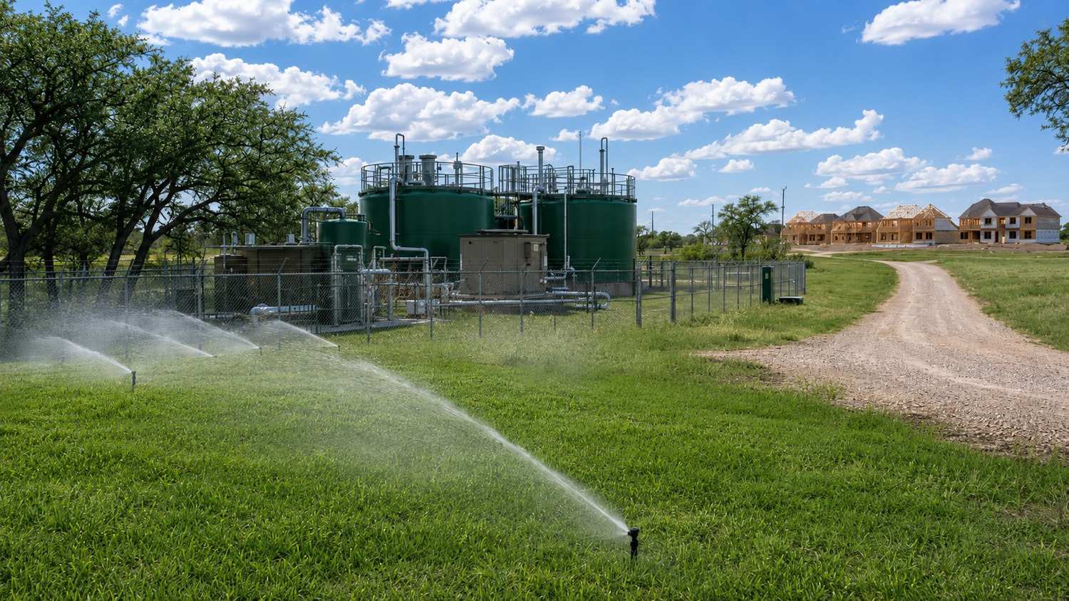 Beneficial reuse irrigation system watering agricultural land adjacent to a package wastewater treatment facility in Texas under 210E Industrial Reclaimed Water Authorization