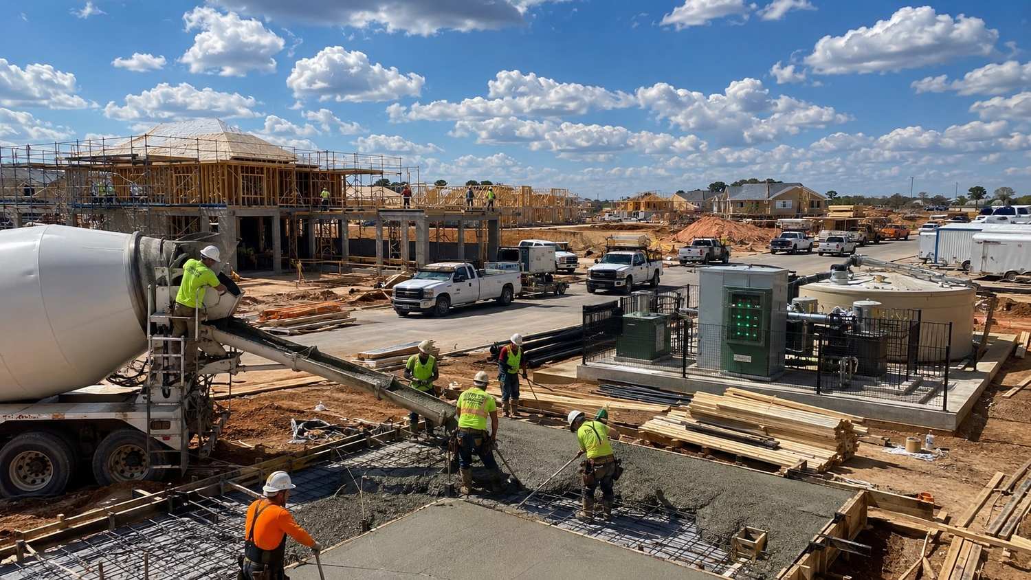Split concept showing an active Texas development under construction with a 210E authorization versus a stalled vacant site waiting on a TPDES discharge permit with idle equipment and growing carrying costs