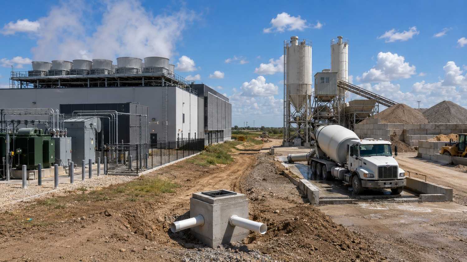 Data center cooling tower equipment generating industrial blowdown wastewater beside a concrete batch plant with mixer trucks showing two qualifying industrial components for 210E authorization commingled with residential development flow