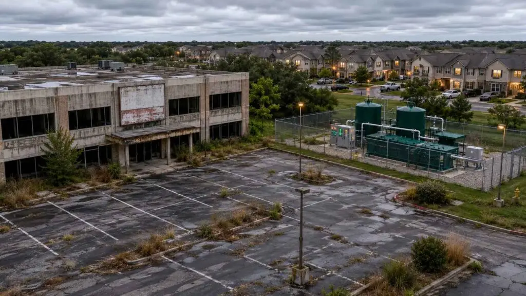 Vacant industrial building at a Texas mixed-use development site with a for-lease sign visible and a connected wastewater treatment facility in the background illustrating the compliance gap created when a 210E reuse user exits