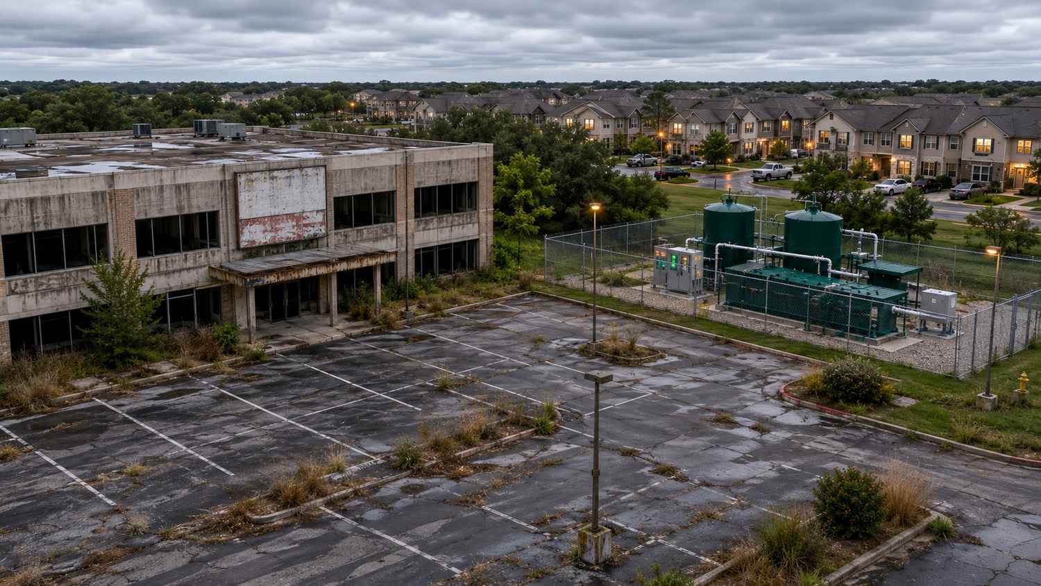 Vacant industrial building at a Texas mixed-use development site with a for-lease sign visible and a connected wastewater treatment facility in the background illustrating the compliance gap created when a 210E reuse user exits