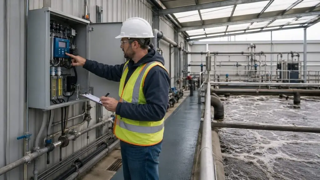 Certified wastewater operator checking treatment process equipment and recording daily operational log entries at a private package WWTP facility in Texas with control panel and aeration tanks visible
