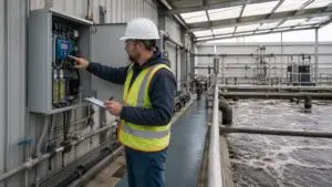 Certified wastewater operator checking treatment process equipment and recording daily operational log entries at a private package WWTP facility in Texas with control panel and aeration tanks visible