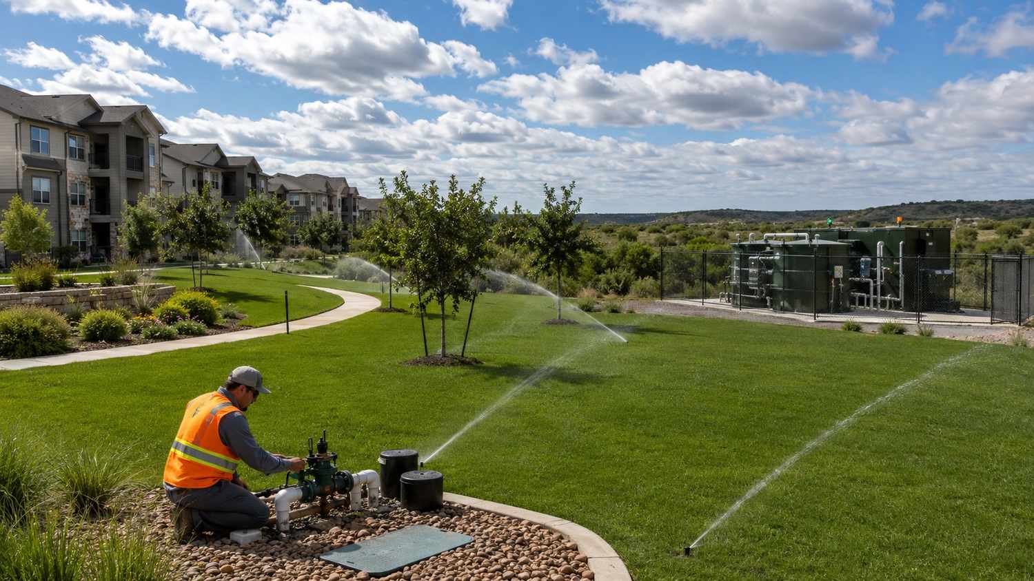 Texas development site showing on-site irrigation reuse system actively watering green common areas and landscaping as the primary 210E reuse arrangement that does not depend on any third-party industrial tenant relationship