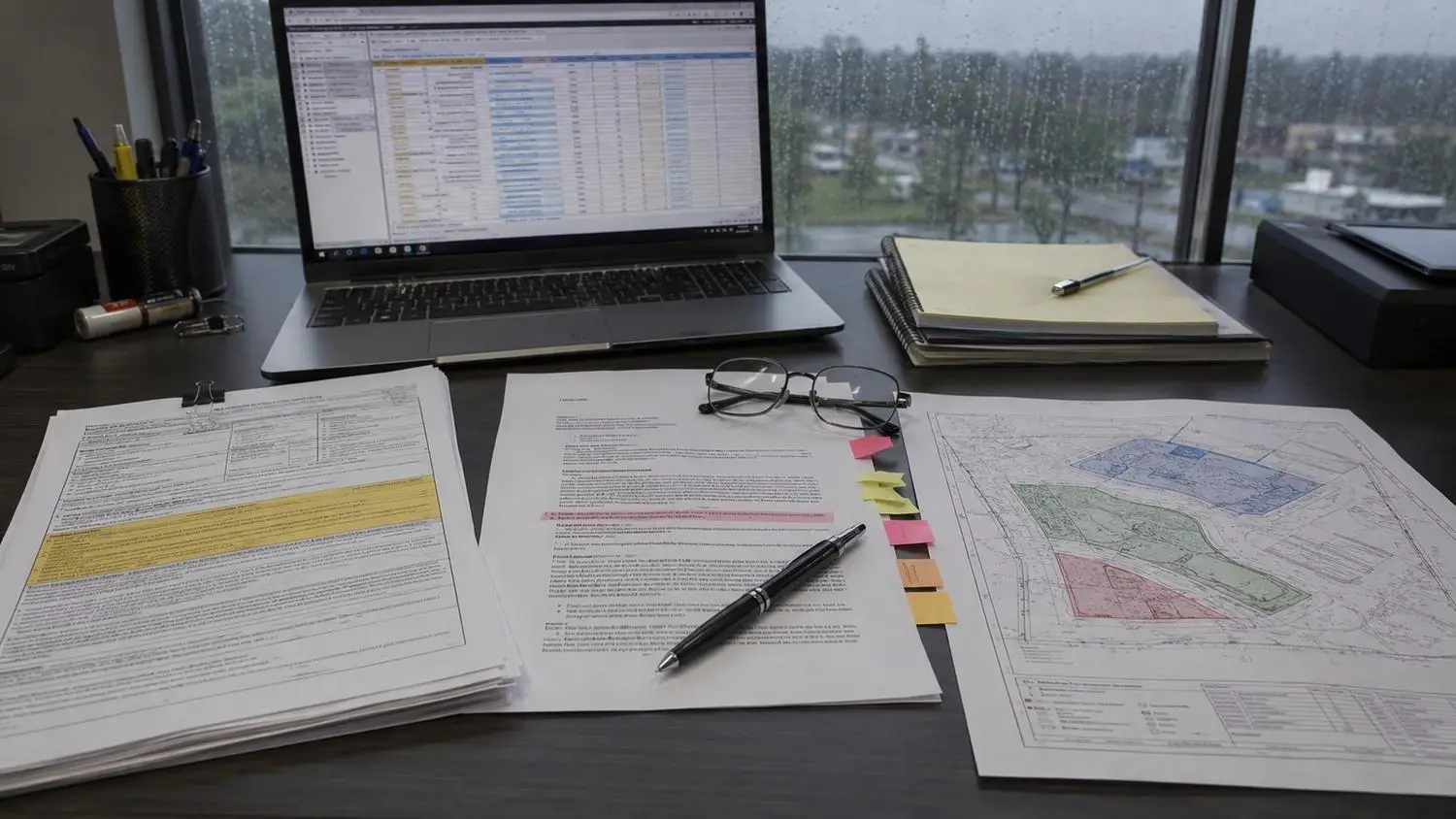 Engineer reviewing a 210E permit authorization document at a desk with a TCEQ correspondence letter showing a reuse user exit notification and a laptop displaying AutoCAD reuse site layout options for replacement arrangements