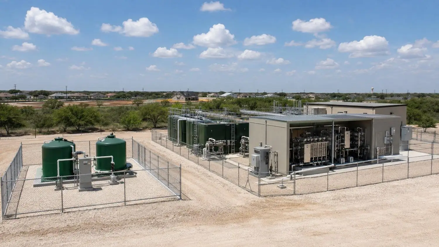 Side-by-side comparison of a standard extended aeration package plant and a membrane bioreactor MBR system at a Texas wastewater treatment facility showing the capital cost and treatment process difference driven by BOD and TSS effluent limits