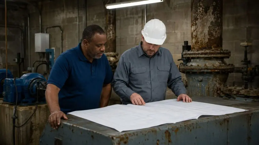 Small municipality public works director and engineer reviewing a capital improvement plan document at a water treatment facility with aging infrastructure and pump equipment visible in the background