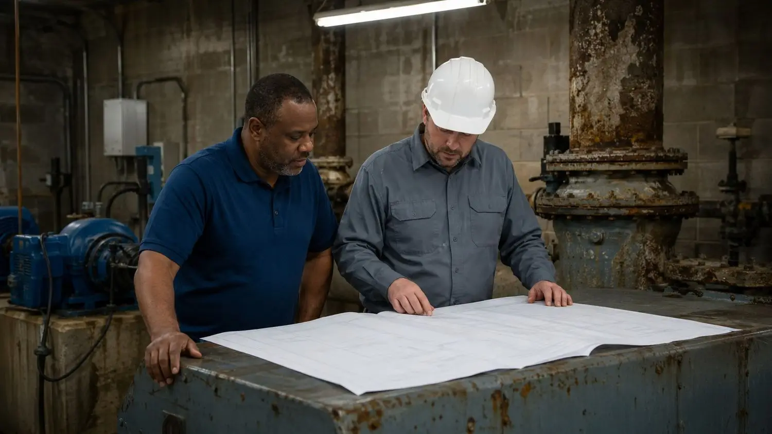 Small municipality public works director and engineer reviewing a capital improvement plan document at a water treatment facility with aging infrastructure and pump equipment visible in the background