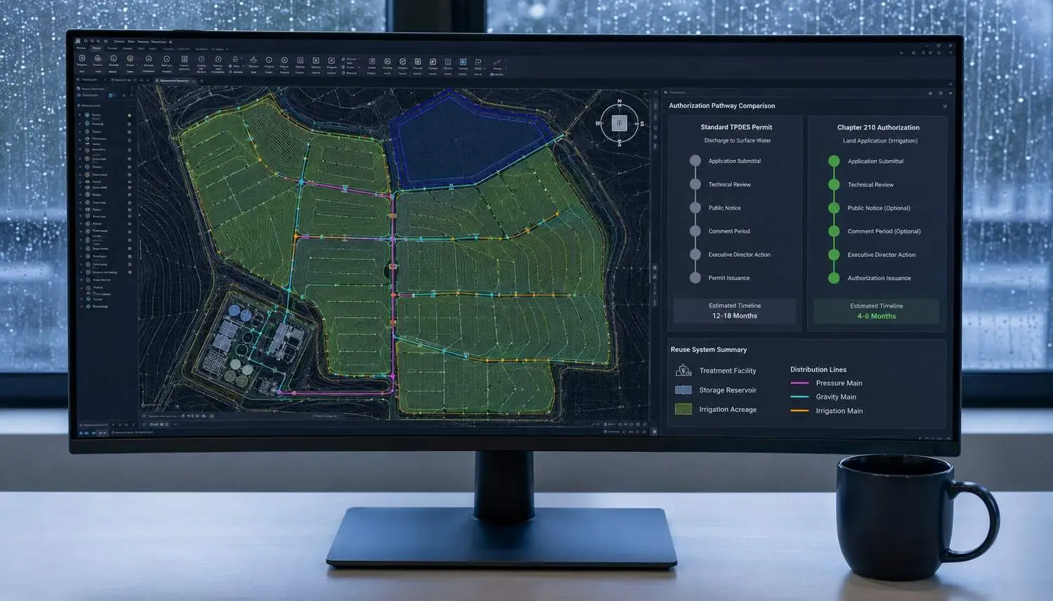 AutoCAD screen showing a Chapter 210 reclaimed water system layout with Type I general authorization and 210E industrial authorization pathways compared showing treatment facility, reuse acreage, storage reservoir, and distribution infrastructure for a Texas development project