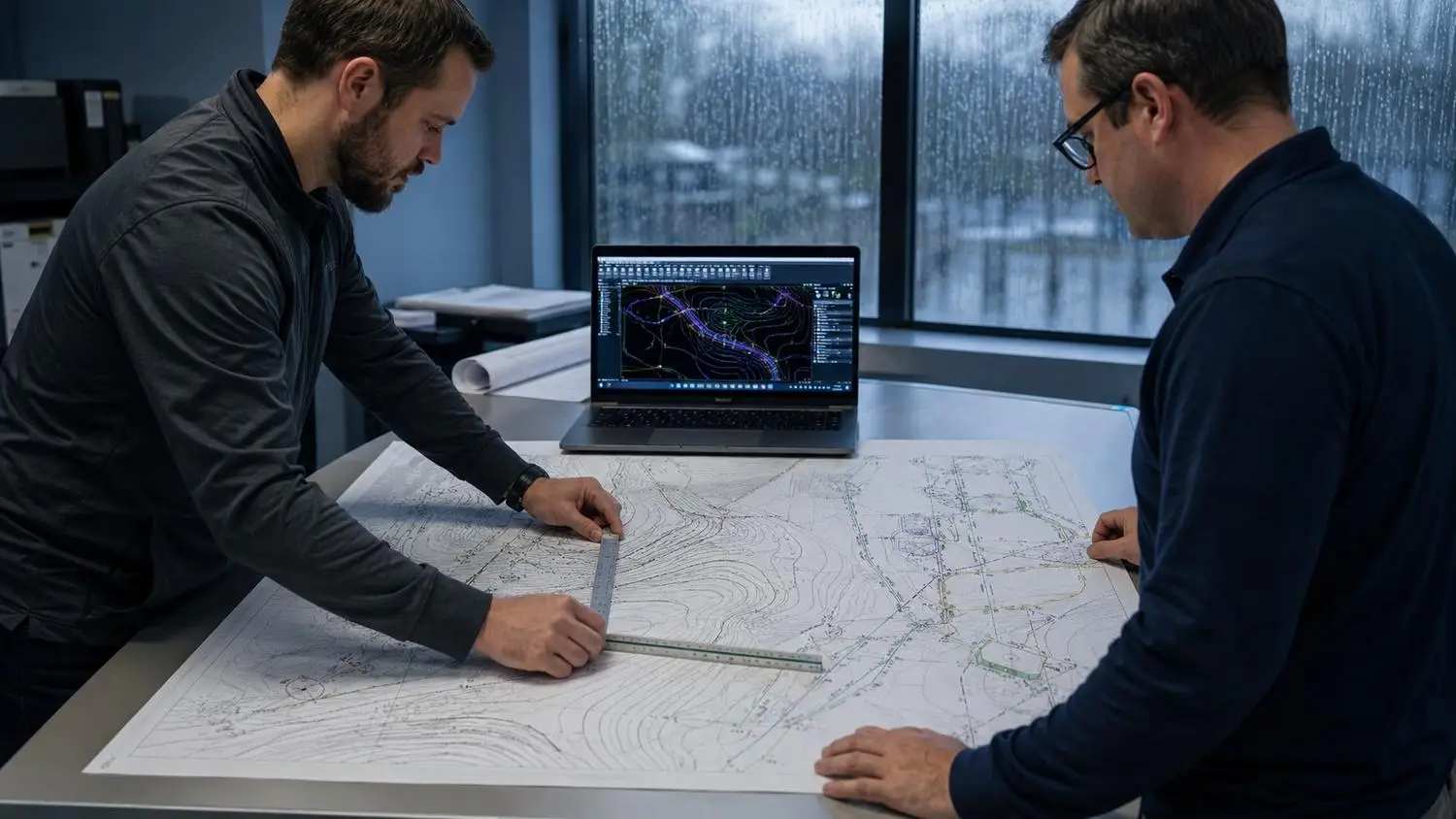 Civil engineer and wastewater utility engineer reviewing overlapping grading plan and collection system layout on a light table showing lift station location, force main routing, and pad elevations coordinated on the same site plan