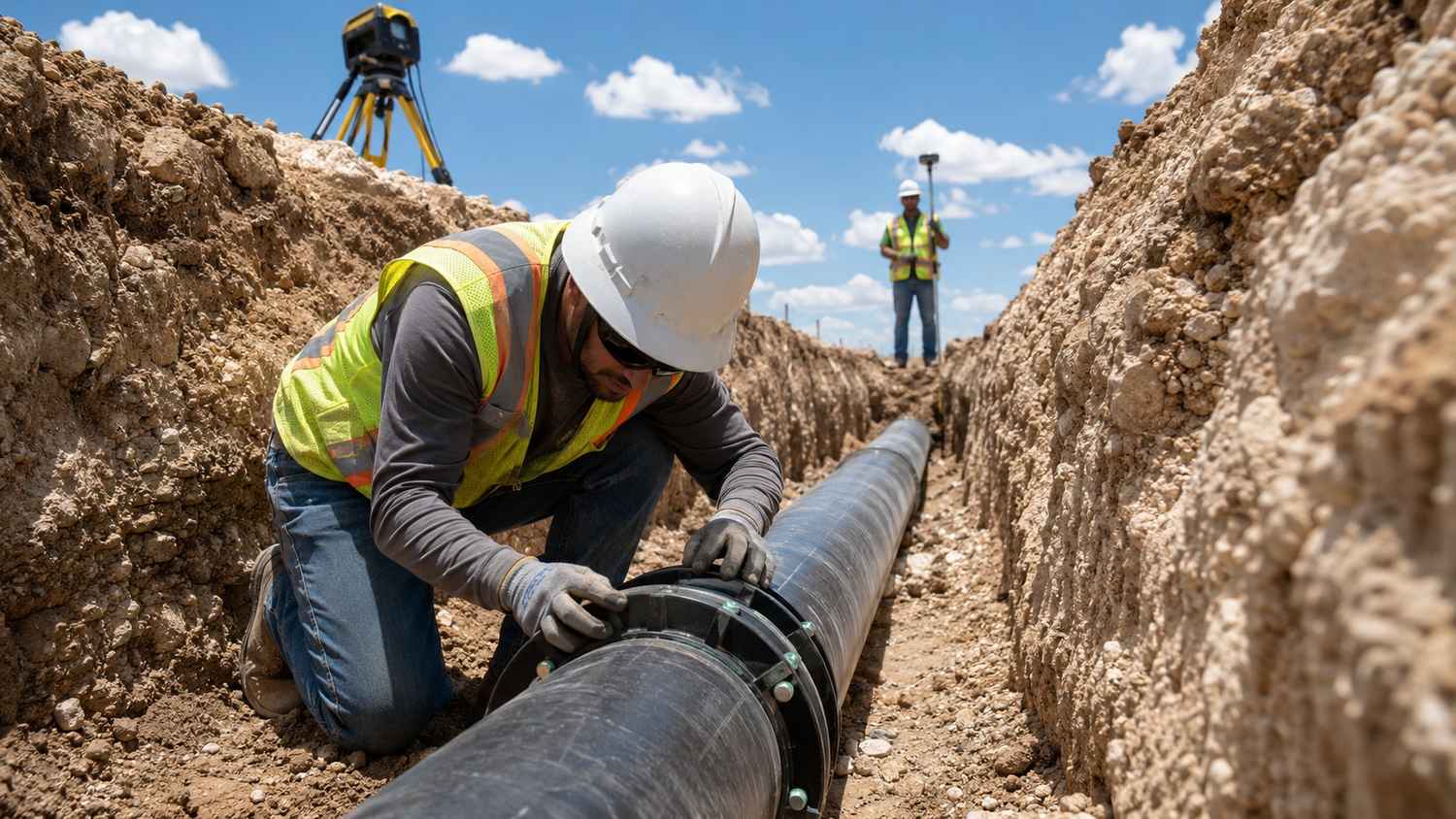 Civil engineer reviewing force main pipe sizing calculations and velocity analysis on dual AutoCAD monitors for a Texas private development wastewater collection system design