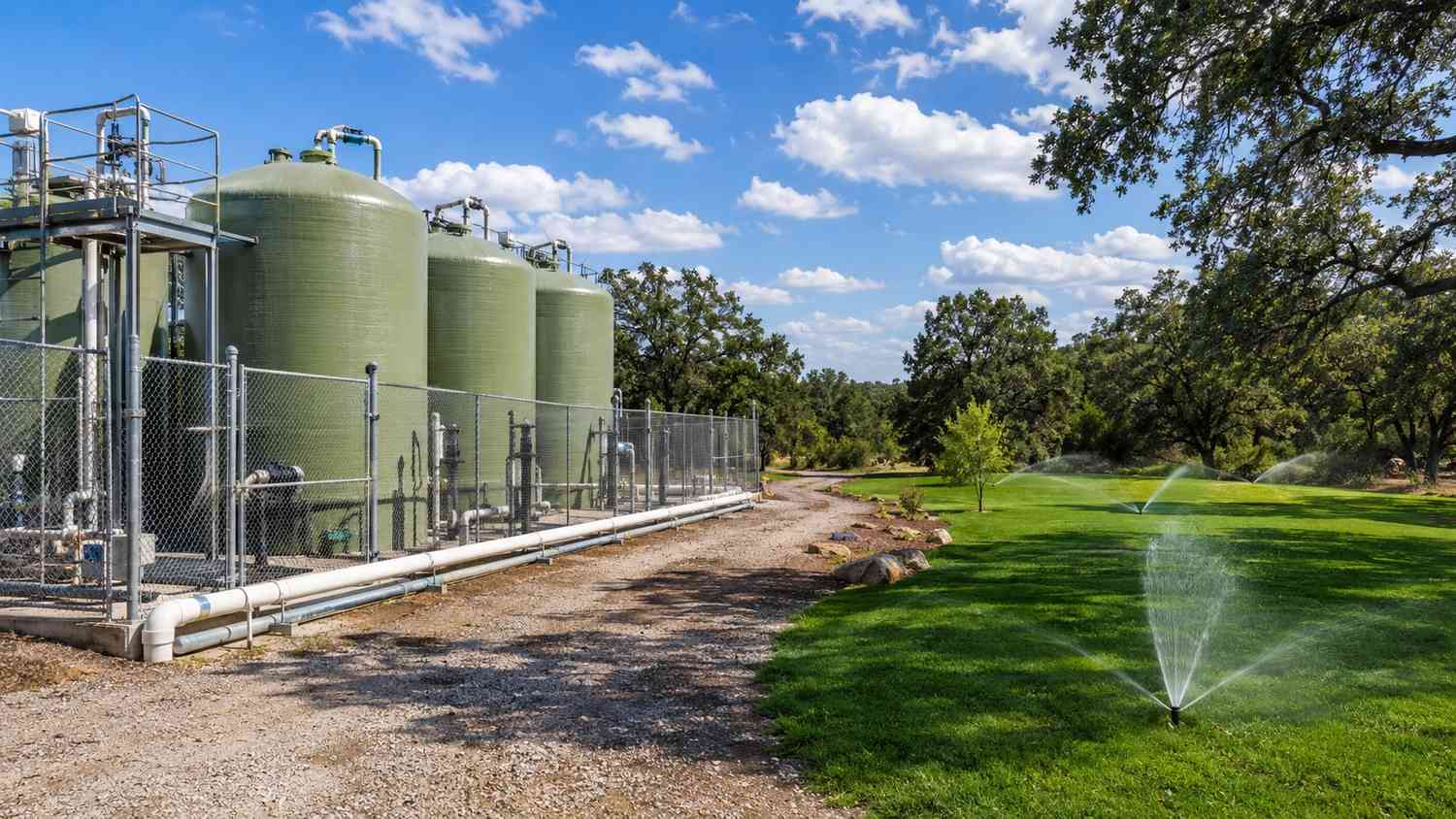 Operational water reclamation facility in Central Texas with green cylindrical treatment tanks and associated on-site irrigation infrastructure showing treated effluent distributed to landscaped common areas under a Chapter 210 reuse authorization