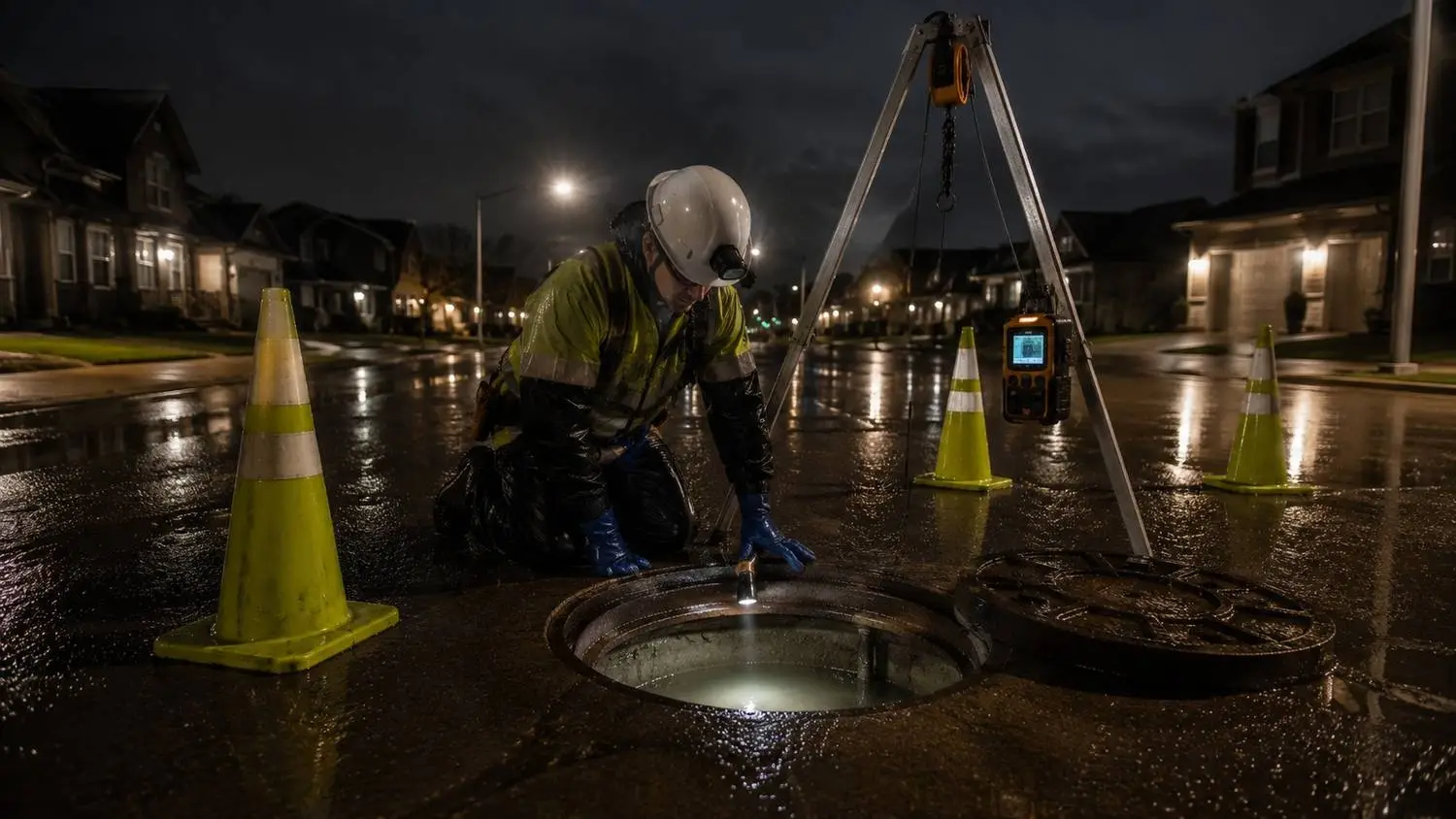Gravity sewer manhole being inspected showing surcharge conditions with water level approaching the manhole rim elevation indicating the hydraulic grade line has risen above the pipe crown under peak flow conditions