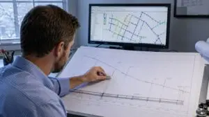Civil engineer reviewing a hydraulic grade line profile on a large AutoCAD plan set showing HGL elevation relative to pipe crown and manhole rim elevations across a water distribution system design