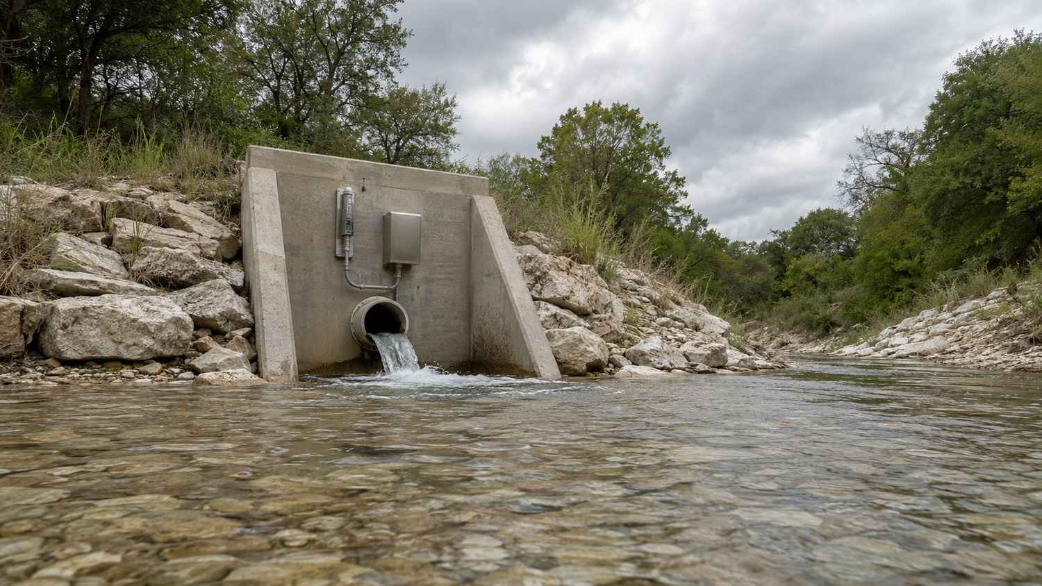 Concrete industrial wastewater outfall structure discharging treated effluent into a named Texas creek with flow monitoring equipment on the headwall representing the TPDES surface water discharge authorization requirement