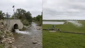 Visual comparison infographic showing Industrial TPDES permit path with surface water discharge on the left and Texas Land Application Permit path with irrigated land application on the right showing timeline, land, and treatment differences for Texas industrial facilities