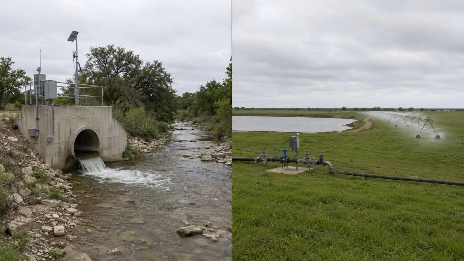 Visual comparison infographic showing Industrial TPDES permit path with surface water discharge on the left and Texas Land Application Permit path with irrigated land application on the right showing timeline, land, and treatment differences for Texas industrial facilities
