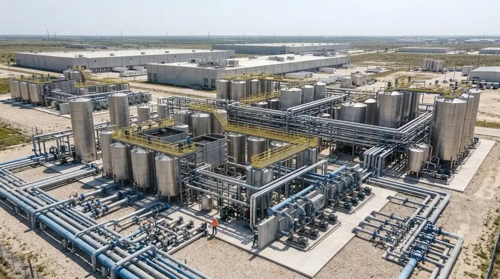 Large-scale industrial wastewater treatment plant with stainless steel process tanks and complex piping evaluated by Modern Engineering Solutions for 210E permit compliance in Texas.