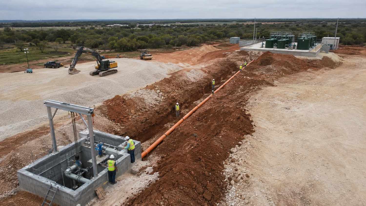 Newly installed Texas lift station wet well with dual submersible pumps, force main pipes, stainless steel hoist frame, and electrical control panel serving a wastewater collection system upstream of a package treatment plant 2