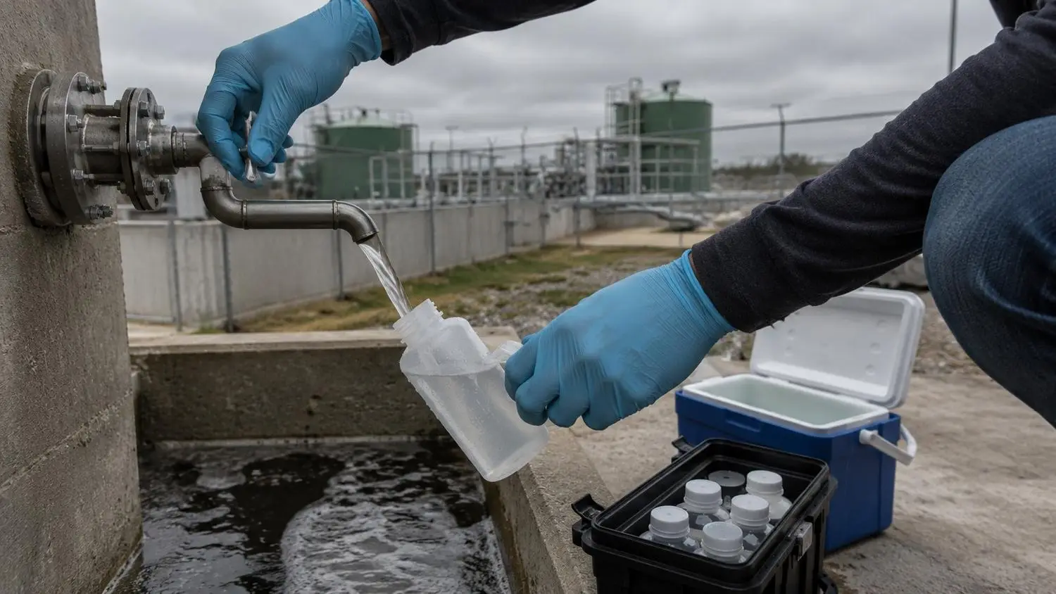 Lab technician collecting a wastewater effluent sample from a treatment facility discharge point into a labeled sample bottle for monthly TCEQ compliance testing of pH and total organic carbon parameters
