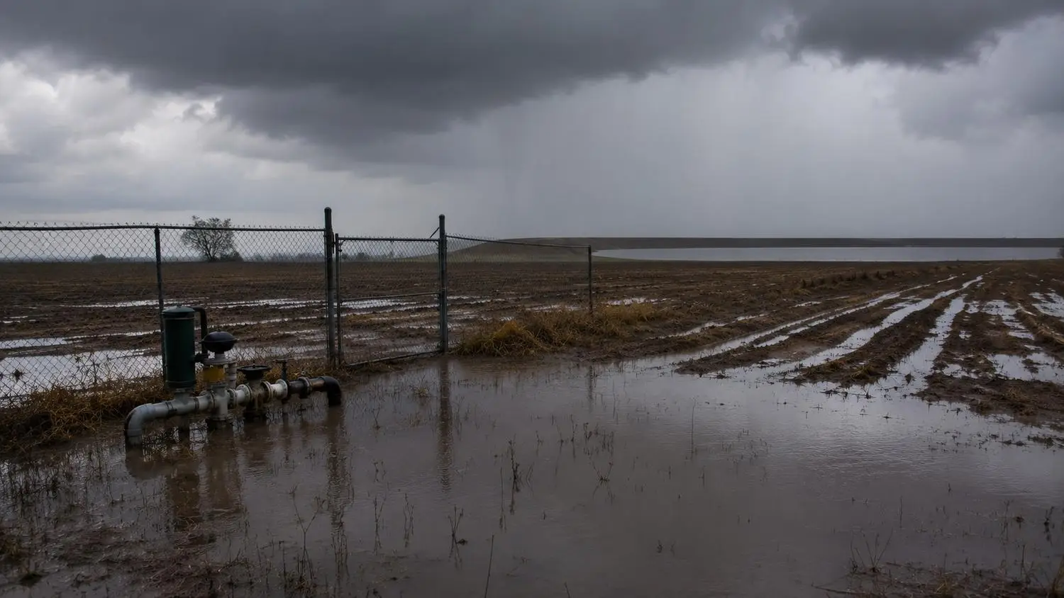Flooded Texas reuse irrigation field in winter with saturated soil and standing water showing conditions when the reuse site cannot accept additional effluent and an undersized storage reservoir creates a compliance gap