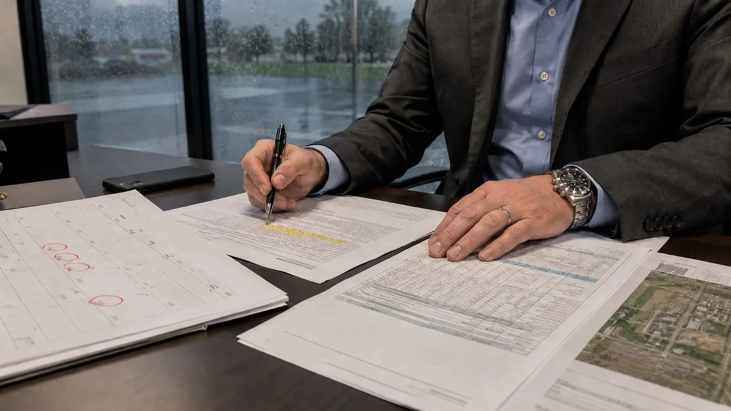 Developer reviewing utility feasibility study results at a desk during the due diligence option period with a purchase agreement, cost estimate, and permit timeline documents spread out showing the renegotiation window before closing