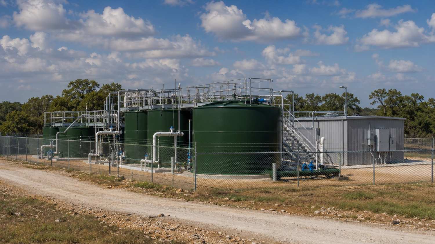 River Valley Water Reclamation Facility in Martindale Texas showing the 2.0 MGD 210E-authorized treatment facility that processed 89.7% residential flow alongside data center and concrete batch plant wastewater approved by TCEQ in 4 weeks