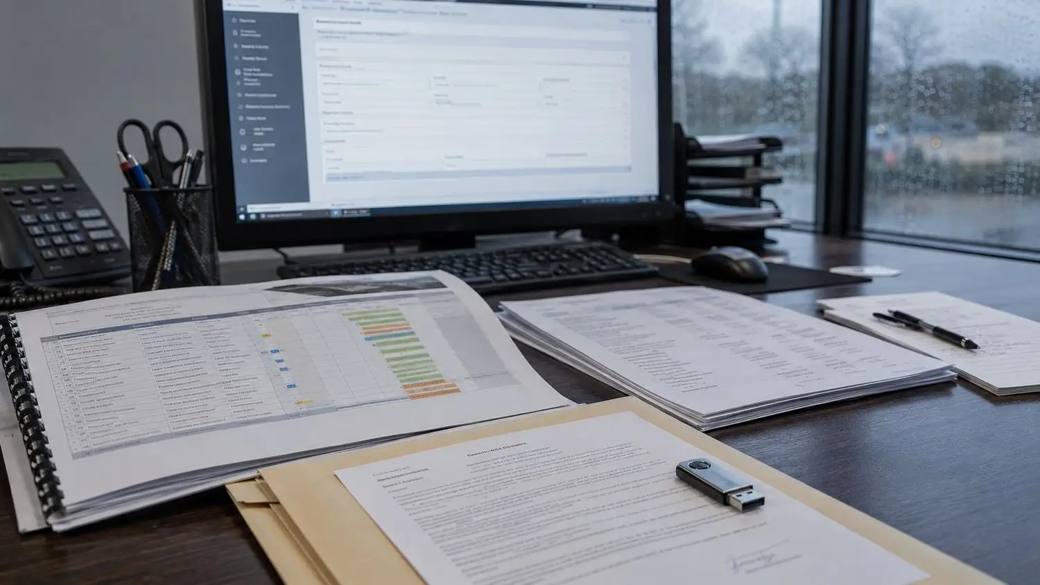 Small community administrator submitting a State Revolving Fund grant application with a capital improvement plan binder and supporting engineering documents organized on a desk
