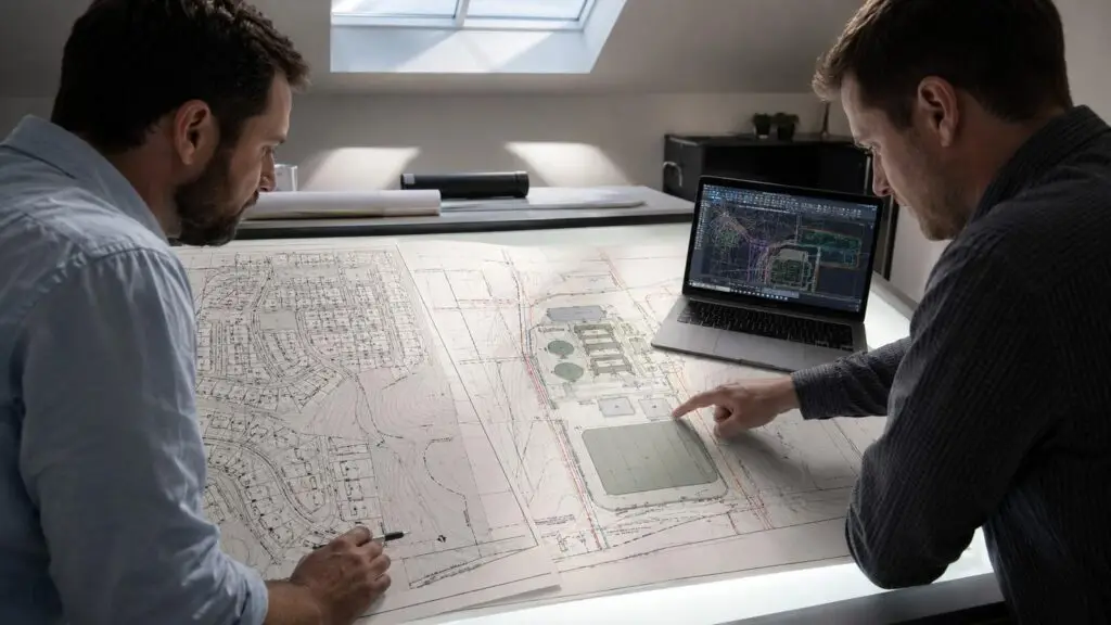Two engineers at a Texas development project reviewing separate plan sets, one focused on a grading and drainage site plan and the other reviewing a TCEQ wastewater permit application with treatment process calculations