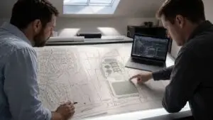Two engineers at a Texas development project reviewing separate plan sets, one focused on a grading and drainage site plan and the other reviewing a TCEQ wastewater permit application with treatment process calculations
