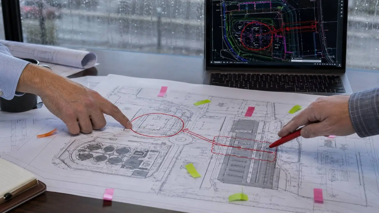 Architect and wastewater engineer reviewing a site plan conflict where a building footprint overlaps with the required treatment plant location requiring costly redesign after construction documents are already complete