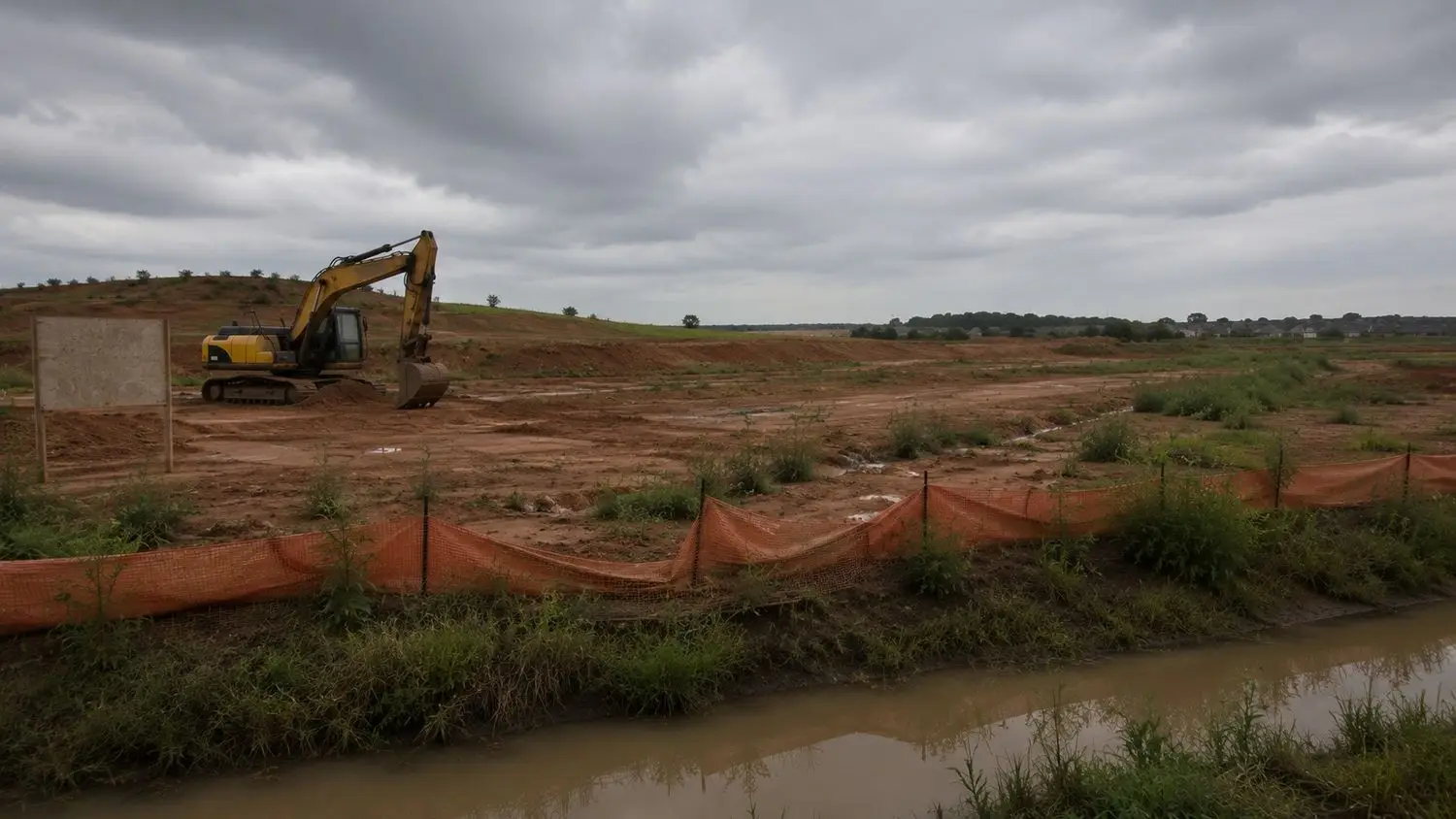 Stalled Texas development site with partially completed grading and idle construction equipment sitting unused while wastewater permitting delays add months of carrying cost exposure