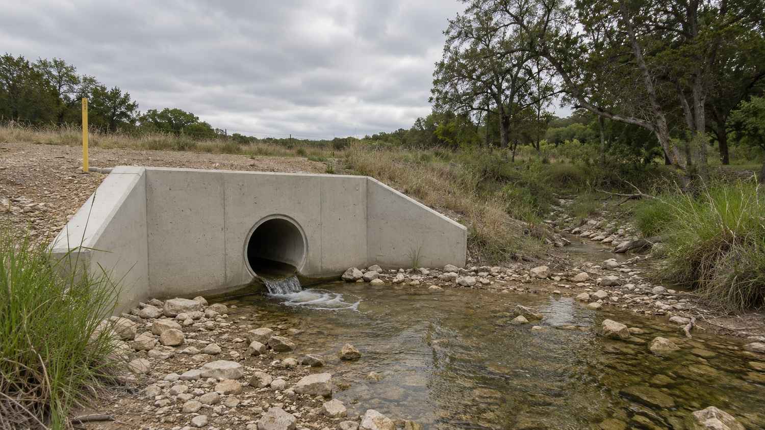 Concrete storm sewer outfall structure discharging to a Texas creek showing the type of outfall that must be mapped, inspected, and monitored under the illicit discharge detection and elimination minimum control measure of a Phase II MS4 permit