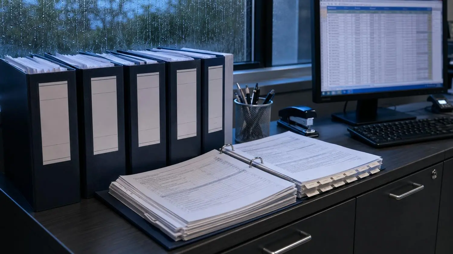 Organized compliance file binders for a private WWTP facility showing five years of daily operational logs, monthly sampling results, certified operator documentation, and TCEQ correspondence arranged chronologically