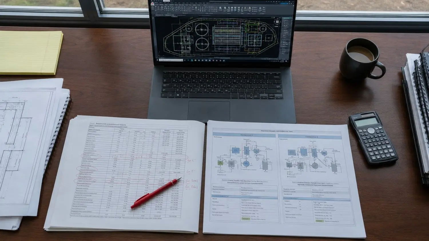 Wastewater engineer reviewing a TCEQ draft permit effluent limit table on dual AutoCAD monitors showing BOD, TSS, ammonia, E. coli, dissolved oxygen, and pH parameters with treatment process design implications for a Texas development project
