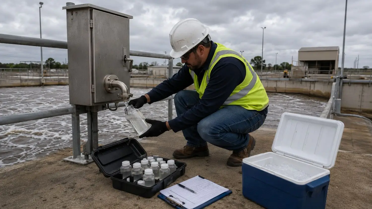 Wastewater treatment plant operator collecting monthly effluent samples at a Texas facility discharge point for TCEQ compliance monitoring with sample bottles, a cooler, and monitoring equipment visible
