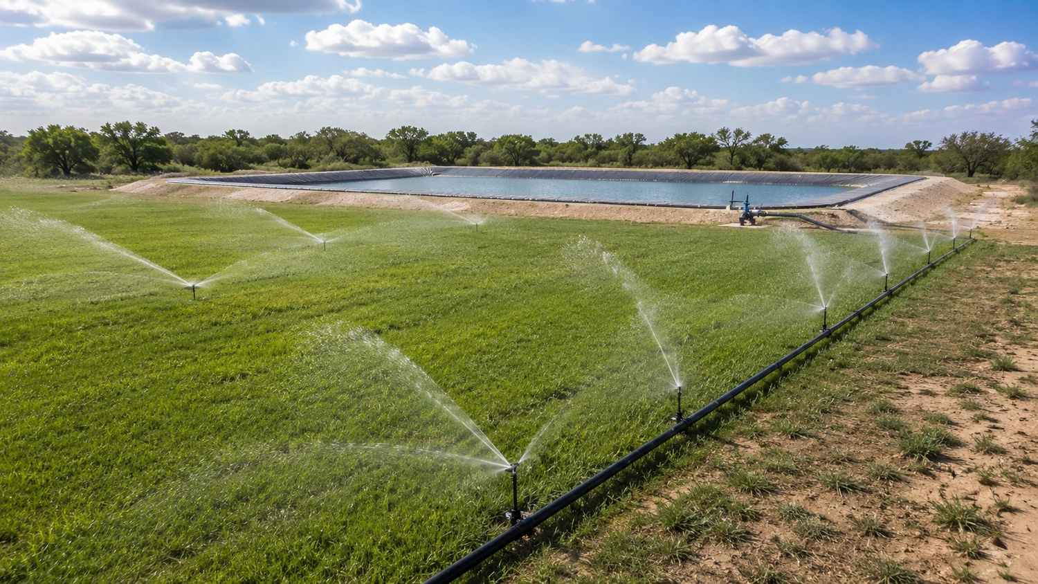 Texas land application system showing active spray irrigation heads distributing treated industrial wastewater across a flat agricultural field with a lined storage reservoir visible in the background holding treated effluent for seasonal management
