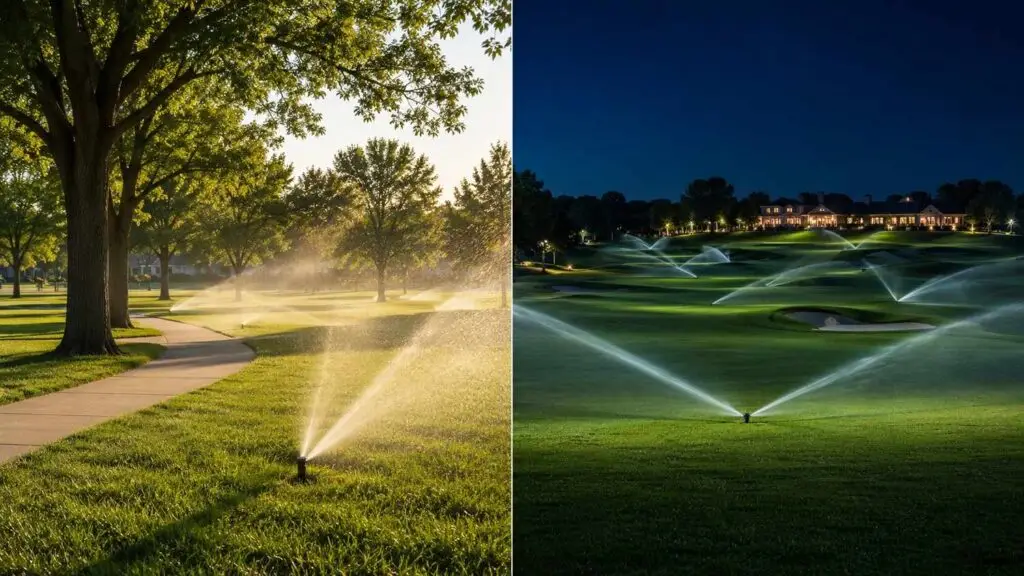 Split composition showing Type I reclaimed water use with active daytime spray irrigation on a public park with children playing in the background on the left and Type II reclaimed water use with automated nighttime fairway irrigation on a restricted-access golf course on the right representing the two Chapter 210 permit categories