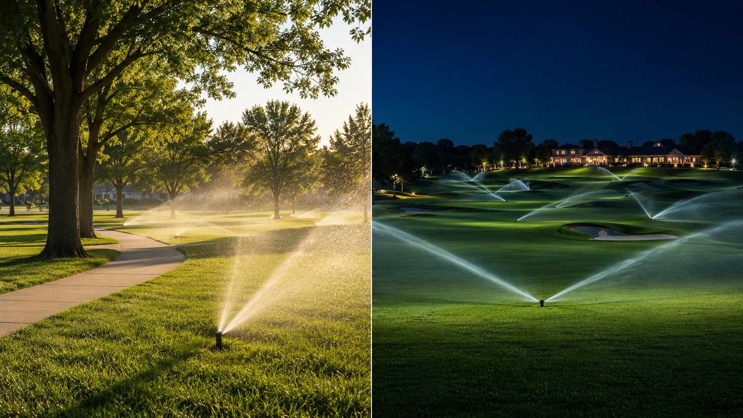 Split composition showing Type I reclaimed water use with active daytime spray irrigation on a public park with children playing in the background on the left and Type II reclaimed water use with automated nighttime fairway irrigation on a restricted-access golf course on the right representing the two Chapter 210 permit categories