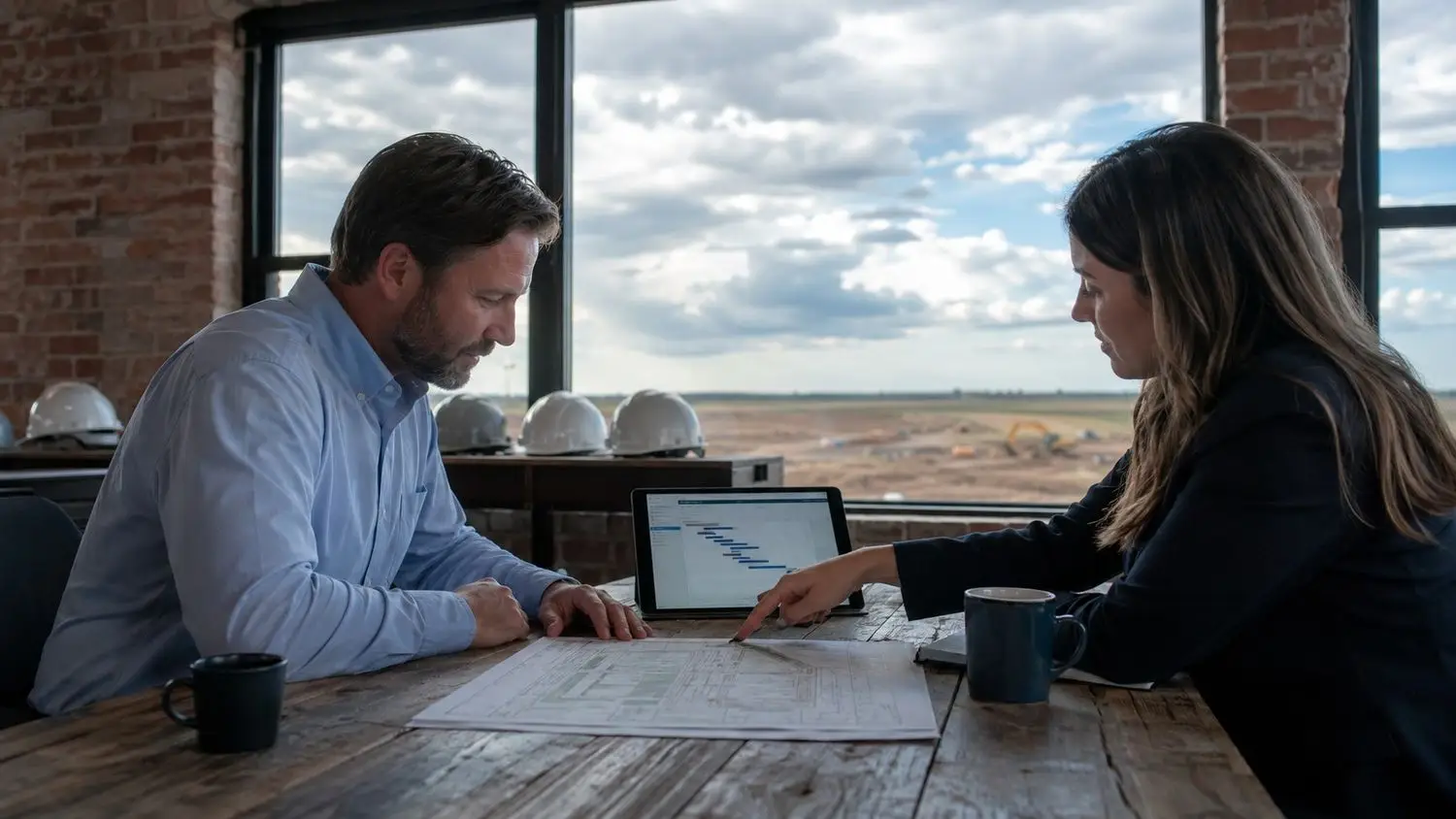 Texas developer and engineer reviewing wastewater disposal pathway options during land due diligence meeting with site plans and permit timeline documents on the table