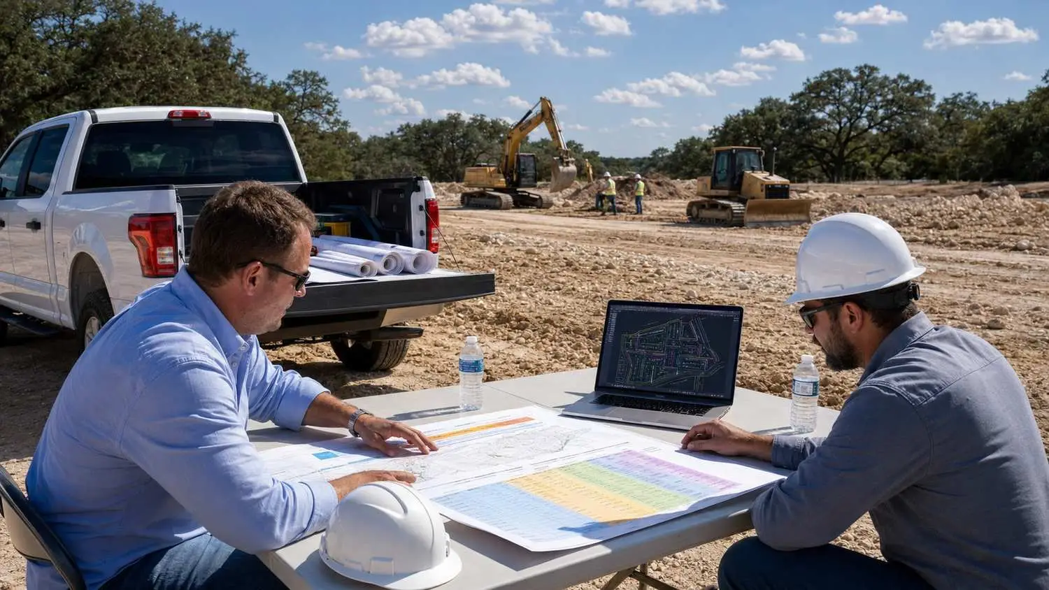 Developer and engineer standing at the edge of a vacant Texas land parcel during due diligence reviewing a printed utility feasibility report with a municipal water tower visible in one direction and open undeveloped land in the other