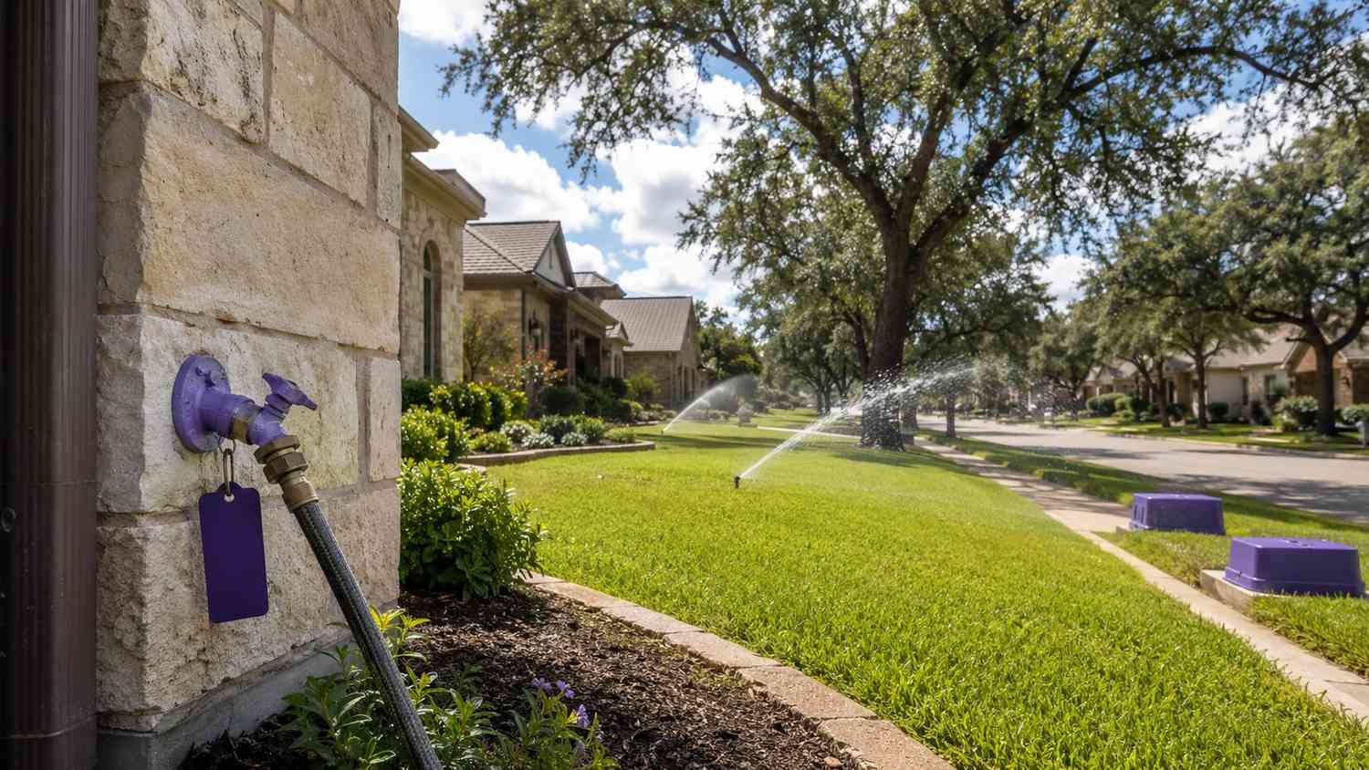 Residential neighborhood in Texas with purple reclaimed water irrigation pipes visible at a hose bib connection point and active daytime lawn irrigation systems watering front yards representing Type I Chapter 210 reclaimed water use where public contact is expected