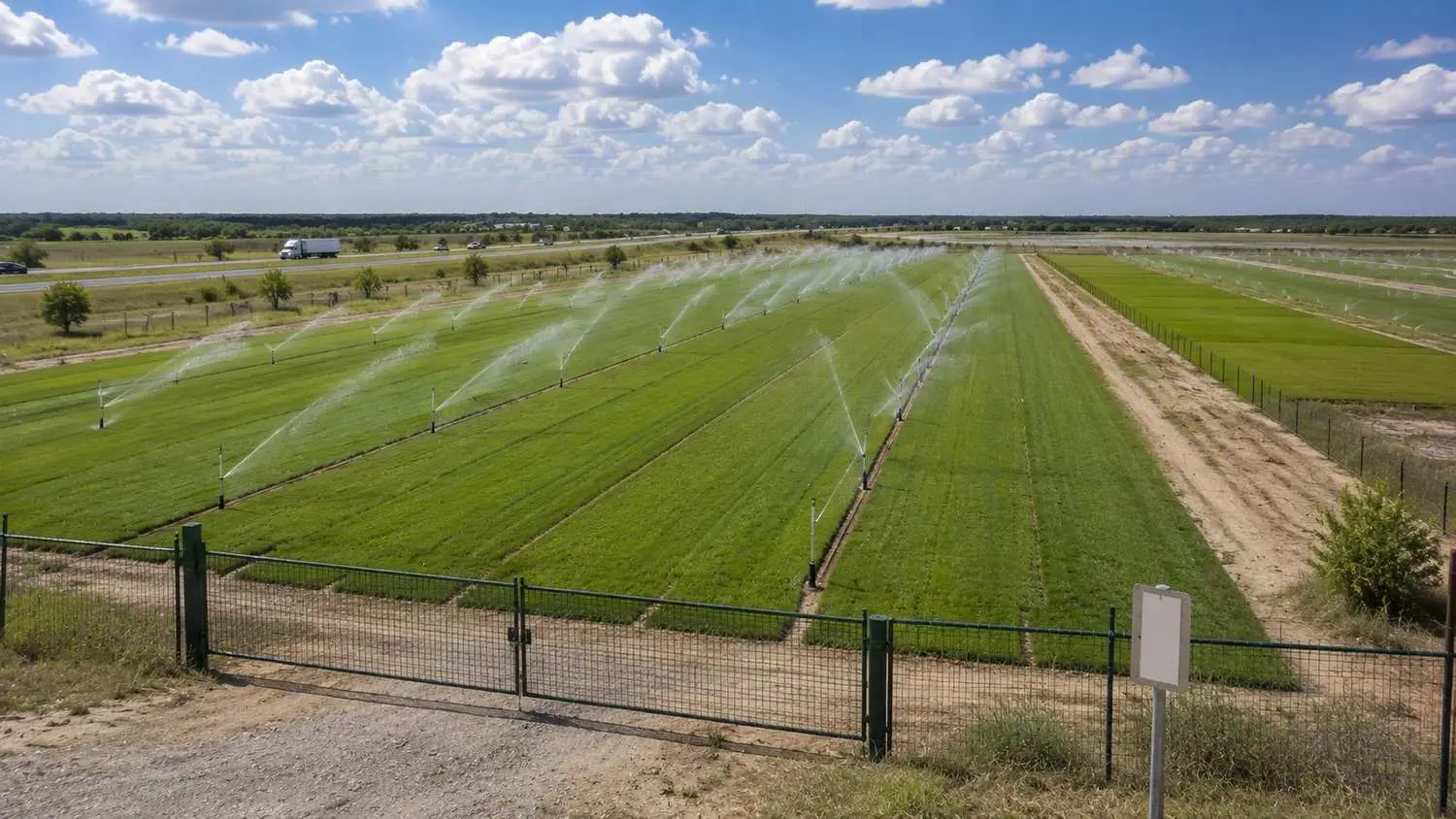 Texas sod farm with spray irrigation applying reclaimed water to grass fields under restricted access conditions representing Type II Chapter 210 reclaimed water use where human contact is unlikely and public access is controlled during irrigation