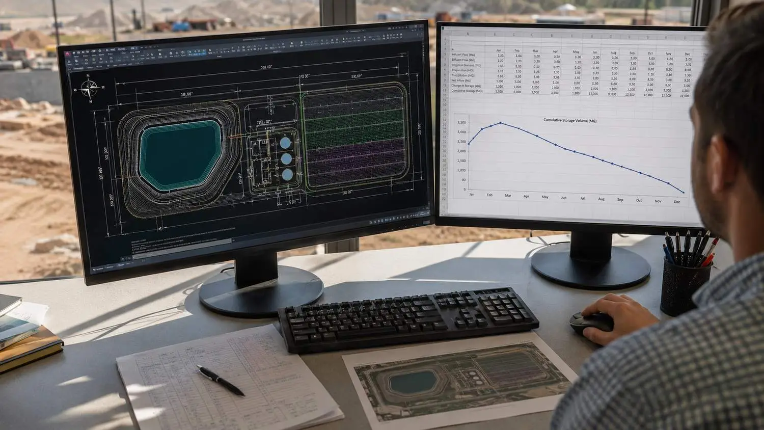 Engineer reviewing a monthly water balance spreadsheet on dual AutoCAD monitors showing effluent inflow, reuse site capacity by month, and cumulative storage deficit calculation for a Texas 210E reuse permit application