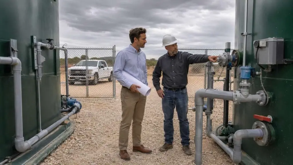 Developer and engineer walking a vacant Texas development site during due diligence with the engineer holding a site plan and pointing toward utility infrastructure while the developer reviews a printed pro forma document