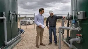 Developer and engineer walking a vacant Texas development site during due diligence with the engineer holding a site plan and pointing toward utility infrastructure while the developer reviews a printed pro forma document