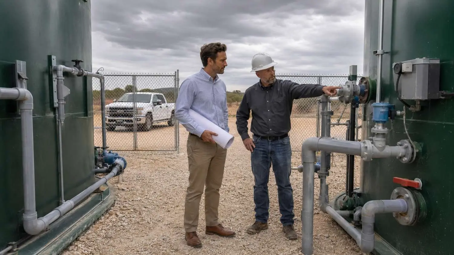 Developer and engineer walking a vacant Texas development site during due diligence with the engineer holding a site plan and pointing toward utility infrastructure while the developer reviews a printed pro forma document